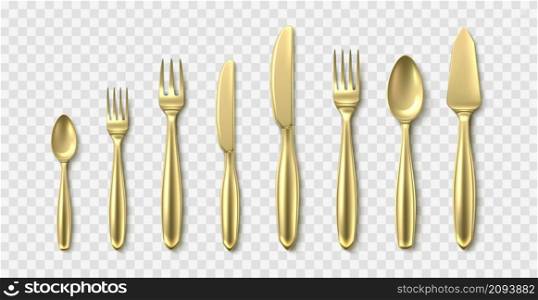 Golden 3d cutlery. Realistic spoons, forks and knives, luxury cutlery, yellow metal top view tableware, serving table dining utensils, restaurant and cafe serving elements vector isolated on white set. Golden 3d cutlery. Realistic spoons, forks and knives, luxury cutlery, yellow metal top view tableware, serving table dining utensils, restaurant and cafe serving elements vector isolated set