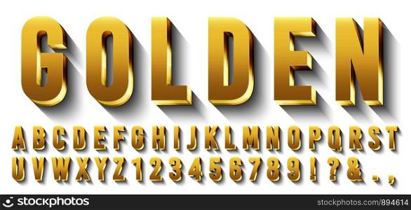 Golden 3D font. Metallic gold letters, luxury typeface and golds alphabet with shadows. Elegancy font abc and numbers, golden rich royal vip type letter. Isolated vector symbols set. Golden 3D font. Metallic gold letters, luxury typeface and golds alphabet with shadows vector set