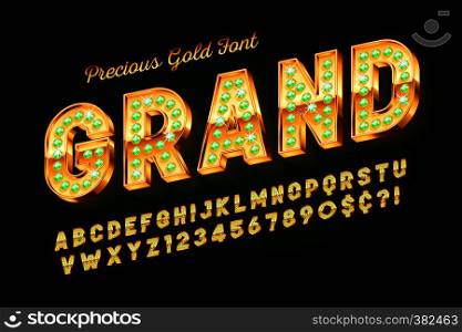 Golden 3d font with gems, gold letters and numbers. Swatch color control. Golden 3d font with gems, gold letters and numbers
