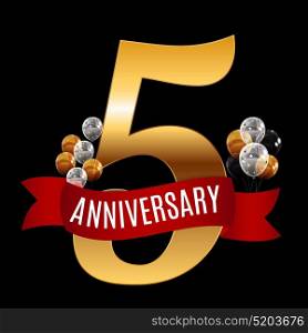Golden 5 Years Anniversary Template with Red Ribbon Vector Illustration EPS10. Golden 5 Years Anniversary Template with Red Ribbon Vector Illus