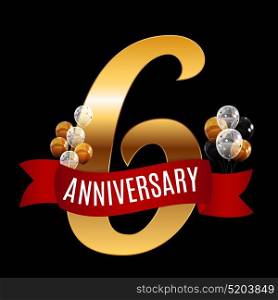 Golden 6 Years Anniversary Template with Red Ribbon Vector Illustration EPS10. Golden 6 Years Anniversary Template with Red Ribbon Vector Illus