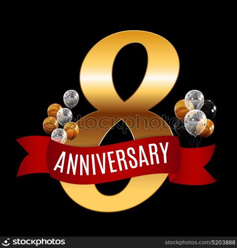 Golden 8 Years Anniversary Template with Red Ribbon Vector Illustration EPS10. Golden 8 Years Anniversary Template with Red Ribbon Vector Illus