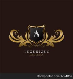 Golden A Logo Luxurious Shield, creative vector design for luxury brand identity.