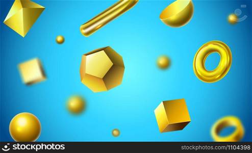 Golden abstract 3D geometric shapes. Shiny gold objects, realistic golden figures and abstraction. Gold realistic geometry forms banner, geometrical background vector illustration. Golden abstract 3D geometric shapes. Shiny gold objects, realistic golden figures and abstraction background vector illustration