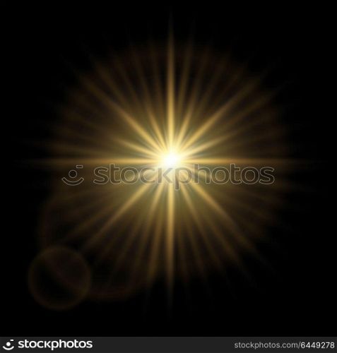 Golden abstract explosion bokeh light rays and sparkles. Isolated on a black background. Empty space for text. Detailed vector illustration.