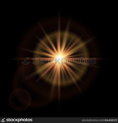 Golden abstract explosion bokeh light rays and sparkles. Isolated on a black background. Empty space for text. Detailed vector illustration.