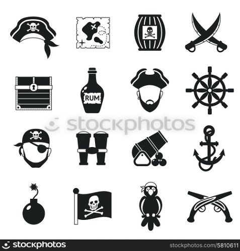 Golden age pirate adventures toy accessories pictograms for children party game icons set black abstract vector illustration. Pirate icons set black