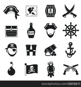 Golden age pirate adventures toy accessories pictograms for children party game icons set black abstract vector illustration. Pirate icons set black