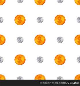 Golden and silver coins with dollar sign isolated on white seamless pattern. Endless texture with repeated gold money in flat design cartoon style. Wrapping paper, wallpaper or package paper texture. Golden and Silver Coins with Dollar Sign Isolated
