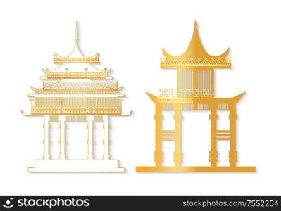 Golden and white Japan gate with decorated roof isolated in flat style. Torii gateway sign, Japanese traditional old asian colorful symbol vector. Golden and White Torii with Decorated Roof Vector