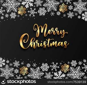 Golden and white snowflakes on a black background. Design for Christmas greeting card. Vector illustration. Merry Christmas lettering