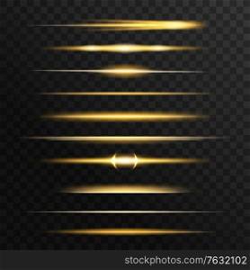 Golden and yellow light flashes, glow vector lines. Gold glowing illumination of sun or starlight beams, bursts and sparkles. Isolated horizontal linear rays, shiny explosion, sunlight twinkling flash. Golden and yellow light flashes, glow vector lines