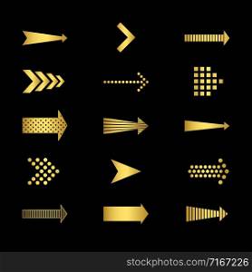 Golden arrows icons on black background vector set. Illustration of arrow symbol gold colored. Golden arrows icons on black background vector set