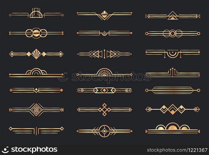 Golden art deco dividers. Decorative geometric border, retro gold dividers and luxury 1920s decoration elements vector set. Collection of decorative horizontal lines, ornaments in fancy vintage style.. Golden art deco dividers. Decorative geometric border, retro gold dividers and luxury 1920s decoration elements vector set