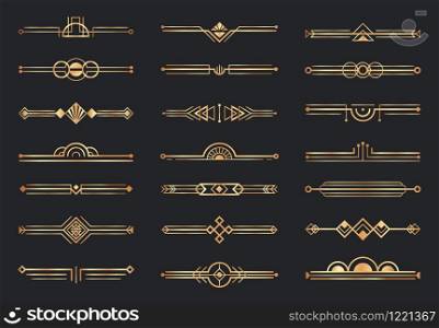 Golden art deco dividers. Decorative geometric border, retro gold dividers and luxury 1920s decoration elements vector set. Collection of decorative horizontal lines, ornaments in fancy vintage style.. Golden art deco dividers. Decorative geometric border, retro gold dividers and luxury 1920s decoration elements vector set
