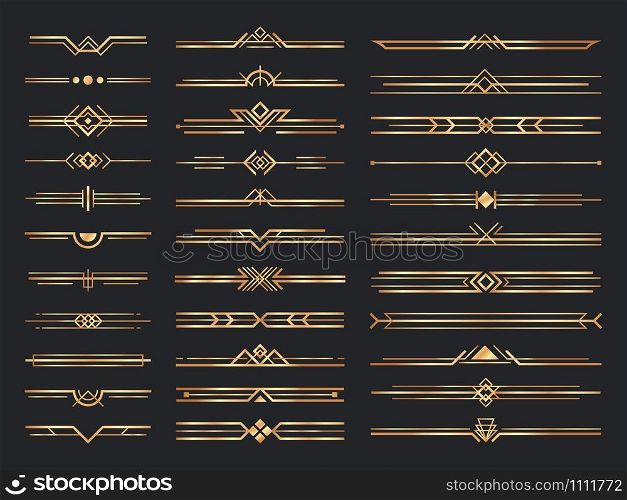 Golden art deco dividers. Vintage gold ornaments, decorative divider and 1920s header ornament. victorian deco interior dividers, luxury geometric borders. Isolated vector signs set. Golden art deco dividers. Vintage gold ornaments, decorative divider and 1920s header ornament vector set