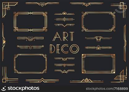 Golden art deco elements. Ornamental frame, retro 1920s divider border and decorative gold corner vector set. Collection of fancy luxury metallic decorations, geometric ornaments in vintage style.. Golden art deco elements. Ornamental frame, retro 1920s divider border and decorative gold corner vector set