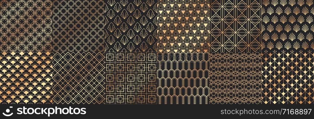 Golden art deco seamless patterns. Luxury decorative geometrical ornaments, gold geometric shapes and vintage pattern vector set. Bundle of elegant retro textures with circles, squares, leafs, waves.. Golden art deco seamless patterns. Luxury decorative geometrical ornaments, gold geometric shapes and vintage pattern vector set