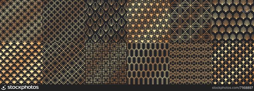 Golden art deco seamless patterns. Luxury decorative geometrical ornaments, gold geometric shapes and vintage pattern vector set. Bundle of elegant retro textures with circles, squares, leafs, waves.. Golden art deco seamless patterns. Luxury decorative geometrical ornaments, gold geometric shapes and vintage pattern vector set