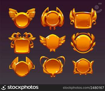 Golden award badges, game medals for win, top place in competition. Vector cartoon set of gold icons with fantasy decorative frames, achievement emblems isolated on background. Golden award badges, game medals for win