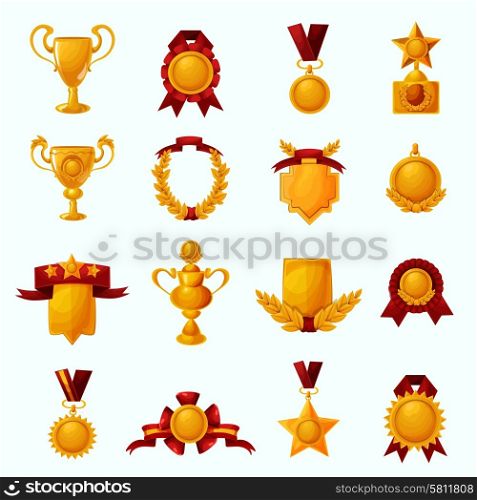 Golden award cups and champion shields with ribbons cartoon icons set isolated vector illustration. Awards Cartoon Set