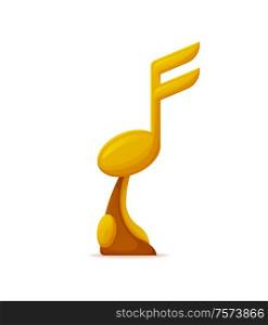 Golden award of winner, sound vertical glossy prize. Music key and note trophy on white, symbol of melody event and victory cup, song and nominated vector. Golden Award of Winner, Sound Glossy Prize Vector