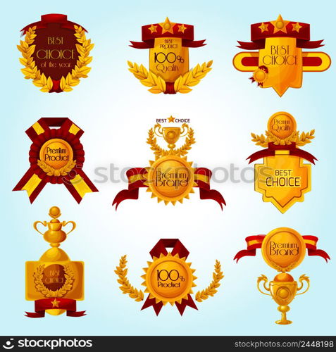 Golden award premium sale emblems cartoon set isolated vector illustration. Award Sale Emblems