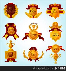 Golden award premium sale emblems cartoon set isolated vector illustration. Award Sale Emblems