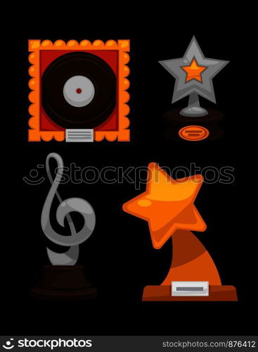 Golden awards logo of star and musical note clef. Vector template of victory symbols with winner name plate. Golden music star vector victory awards