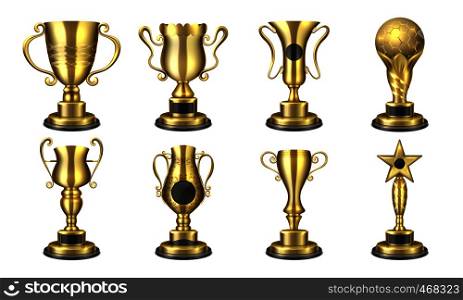 Golden awards. Realistic trophy cup, contest prize 3D design, sport reward concept, win and success elements collection. Vector winner cups. Golden awards. Realistic trophy cup, contest prize 3D design, sport reward concept, win and success elements collection. Vector cups