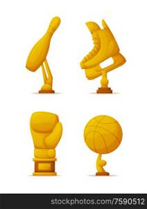 Golden awards skittle, box glove, ball and skate. Rewards of sport games, vertically cups of skating, bowling and football sport activity isolated vector. Awards Skittle, Box Glove, Ball and Skate Vector