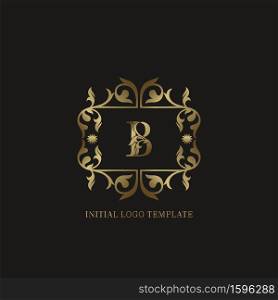 Golden B Initial logo. Frame emblem ampersand deco ornament monogram luxury logo template for wedding or more luxuries identity