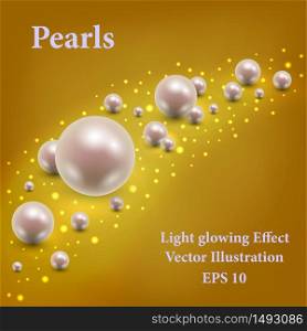 Golden background with light glowing effect, realistic pearls and glitter particles. Luxurious jewelry design, cover or poster concept. Vector illustration.