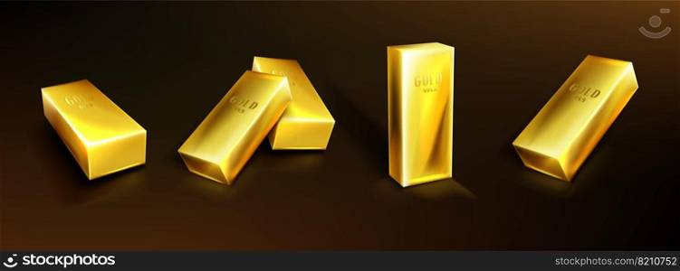 Golden bars, yellow metal ingots. Concept of money investment, solid currency, financial reserve. Vector realistic set of pure gold bullions on dark background. Symbol of treasure, rich savings. Vector realistic golden bars, yellow metal ingots