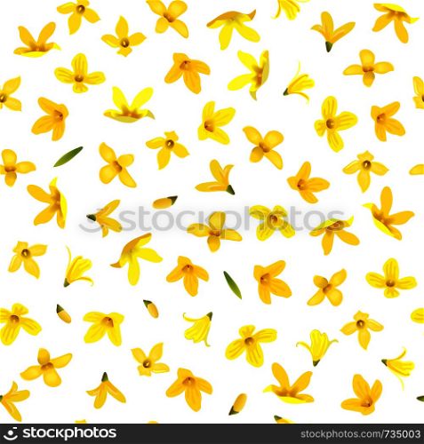 Golden Bell Seamless pattern, Forsythia suspensa, spring branch with blossoming yellow flowers. Vector illustration. Summer decor. for prints, posters, cards, textile, cosmetics wrapping packages. Golden Bell Seamless pattern, Forsythia suspensa, spring branch with blossoming yellow flowers.