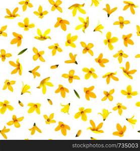 Golden Bell Seamless pattern, Forsythia suspensa, spring branch with blossoming yellow flowers. Vector illustration. Summer decor. for prints, posters, cards, textile, cosmetics wrapping packages. Golden Bell Seamless pattern, Forsythia suspensa, spring branch with blossoming yellow flowers.