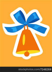 Golden bell with blue ribbon and white framing vector illustration isolated on yellow background. Decorative symbol of first lesson and Christmas toy. Golden Bell with Blue Ribbon and White Framing