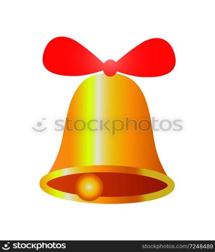 Golden bell with red ribbon realistic design vector illustration isolated on white background. Decorative symbol of first lesson and Christmas toy. Gold Bell with Red Ribbon Realistic Design Vector