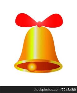 Golden bell with red ribbon realistic design vector illustration isolated on white background. Decorative symbol of first lesson and Christmas toy. Gold Bell with Red Ribbon Realistic Design Vector