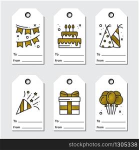 Golden birthday tags design on white background. Collection of party greeting cards in gold. Cute set for anniversary or birthday. Holidays, event, carnival, festive concept theme. Vector illustration