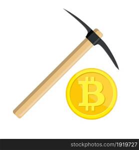 Golden bitcoin and pickaxe. Mining symbol. Money and finance. Digital currency. Virtual money, cryptocurrency and digital payment system. Vector illustration in flat style. Golden bitcoin and pickaxe