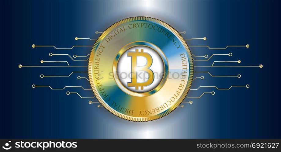 Golden bitcoin banner with futuristic technological lines. Digital Cryptocurrency. Vector. Technology style dark background and digital money.