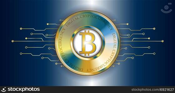 Golden bitcoin banner with futuristic technological lines. Digital Cryptocurrency. Vector. Technology style dark background and digital money.