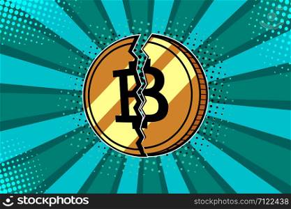 Golden bitcoin coin broken in half. Colorful vector illustration in pop art retro comic style.