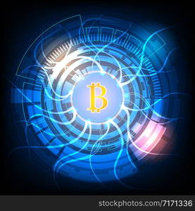 Golden Bitcoin Symbols and digital money with Abstract Blue Technology Backgrounds, Vector illustration