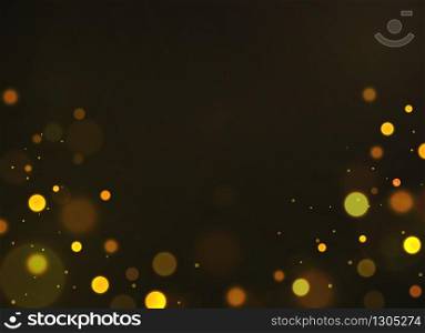 Golden bokeh. Shiny defocused gold bokeh lights shimmering soft glowing sparkles bubbles for decor card, dark blurred flyer or voucher vector template. Golden bokeh. Shiny defocused gold bokeh lights shimmering soft glowing sparkles bubbles for decor card, flyer or voucher vector template