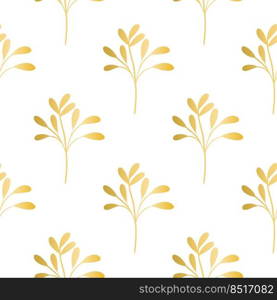 Golden botanical branches seamless pattern, vector illustration. Background graceful natural twigs with leaves for postcards and congratulations. Print hand drawing gold leaves. Golden botanical branches seamless pattern vector illustration