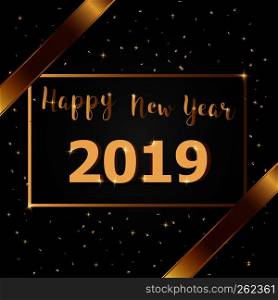 Golden bow Happy New Year 2019 with dark background, stock vector