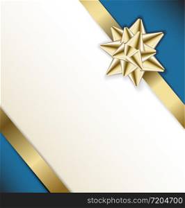 golden bow on a ribbon with white and blue background - vector Christmas card
