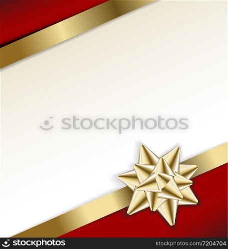 golden bow on a ribbon with white and red background - vector Christmas card